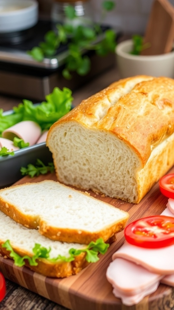 Zero Carb Almond Flour Sandwich Bread Recipe Sliced zero carb almond flour sandwich bread on a cutting board with fresh sandwich ingredients.